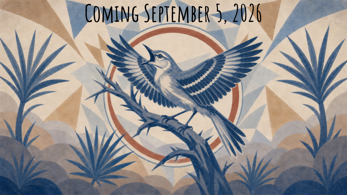 Mockingbird Sake — Coming September 5, 2026. A mockingbird with wings spread perches on a thorny branch against a geometric sand and blue illustration.