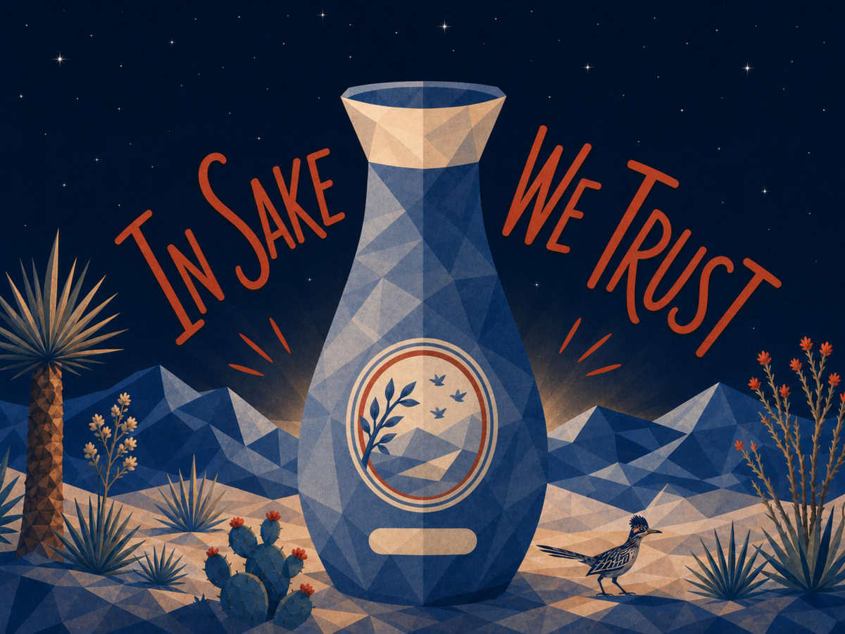 Basics of Sake Grades Illustration of a giant sake bottle reading 'In Sake We Trust' amid Texas Hill Country desert plants and a roadrunner, under a starry night sky