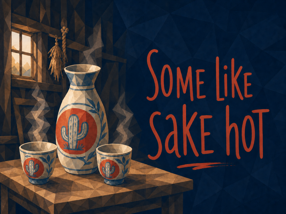 Basics of Sake Temperatures Illustration of steaming sake in an orange tokkuri and cups on a wooden table at night, with the text 'Some Like Sake Hot'