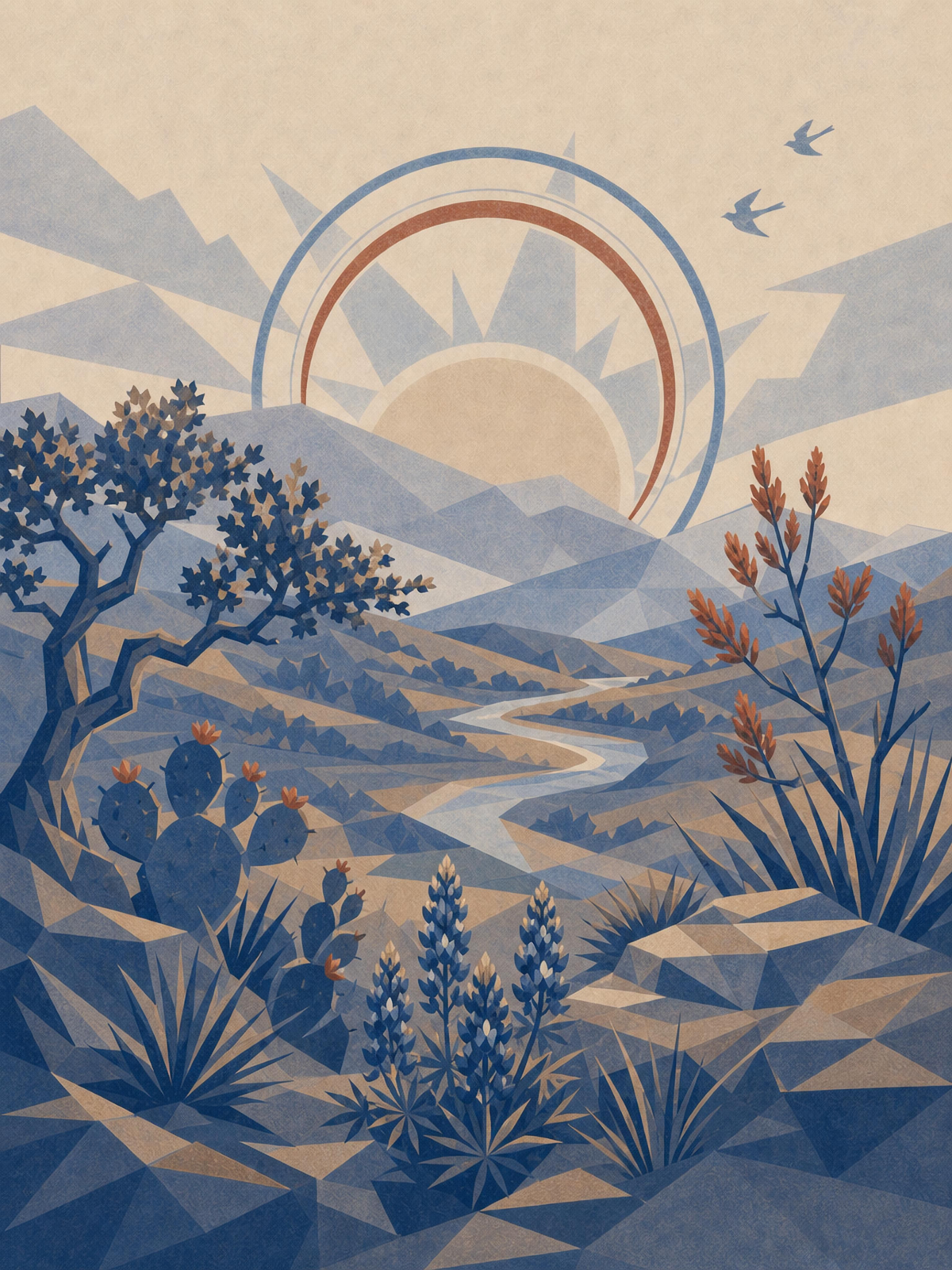 Mockingbird Sake β Texas Hill Country Decorative illustration of a mockingbird over the Texas Hill Country