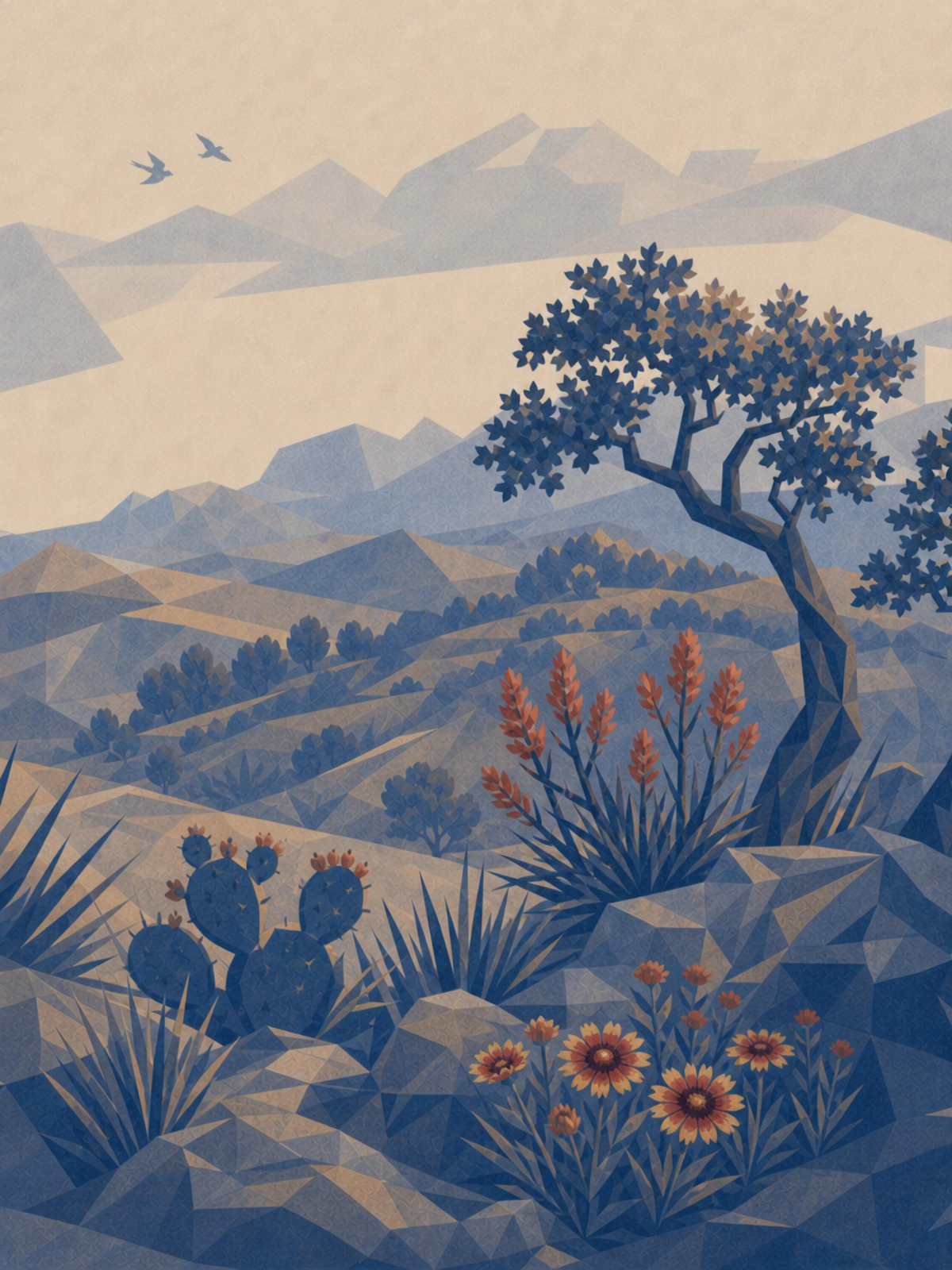 Mockingbird Sake β Texas Wildflowers Decorative illustration of Texas wildflowers and landscape